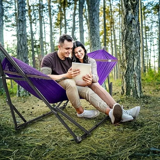 Tranquillo Double Hammock with Stand Included for 2 Persons/Foldable Hammock Stand 600 lbs Capacity Portable Case - Inhouse, Outdoor, Camping, Purple