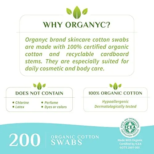 Organyc - 100% Certified Organic Cotton Swabs - No Man-Made Materials 200 count (6 Pack)