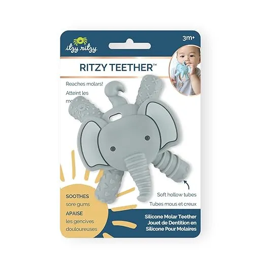 Itzy Ritzy - Ritzy Teether for Molars - Massages Sore Gums & Reaches Back Molars - Silicone Baby Teething Toy with Multiple Textures & Flexible Design - Teething Relief for 3 Months & Up (Elephant)