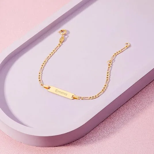 14k Yellow Gold Unisex Adjustable Kids ID Bracelet with Engravable Identification Tag - Cute Figaro Link Chain Rectangular Name Plate Bracelets for Babies & Children