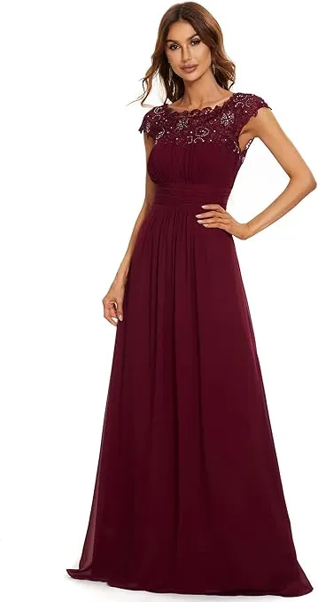 Ever-Pretty Women's Cap Sleeve Ruched Lace Round Neck Chiffon Formal Evening Gowns 09993-US