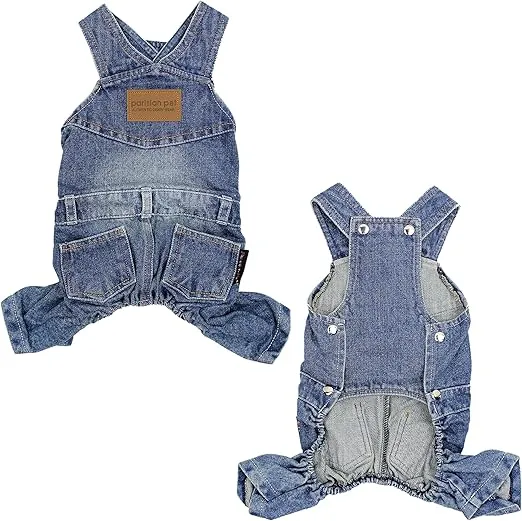 Parisian Pet Denim Overall - Blue Dog Jeans Outfit - Breathable Puppy Jumpsuit Costumes - Machine Washable Overall for Dogs - Dog Clothes for Large Dogs - L