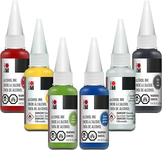 Marabu Alcohol Ink for Epoxy Resin - 6 Primary Colors Alcohol Ink Set - Vibrant and Versatile Alcohol Inks for Resin Art, Tumblers, Alcohol Paint Paper, Resin Dye - 20ml Inks