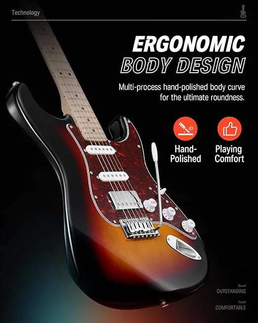 Donner Electric Guitar, DST-152S 39" Electric Guitar Kit HSS Pickup Coil Split, Guitar Starter Pack for Adult Beginners with Amp, Bag, Accessories, Sunburst