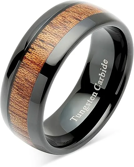 100S JEWELRY Engraved Personalized Tungsten Rings for Men Women Wood Inlay Black Plated Comfort Fit Size 6-16