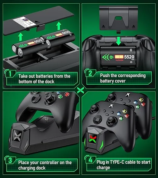 Upgraded Controller Charger Station with 2x5520mWh Rechargeable Battery Packs for Xbox One/Series X|S Controller,Dual Charging Dock for Xbox One Controller Battery Pack with 4 Battery Covers for Xbox