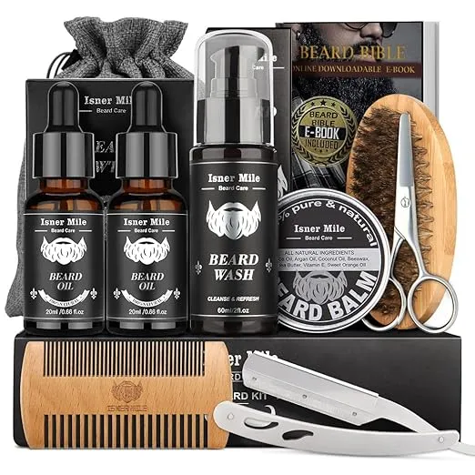 Isner Mile Beard Grooming Kit for Men Beard Care Kit with Beard Shampoo, Beard Oil, Balm, Brush, Comb, Scissors & Storage Bag Father's Day, Christmas & Birthday Gifts for Men Stocking Stuffers for Him