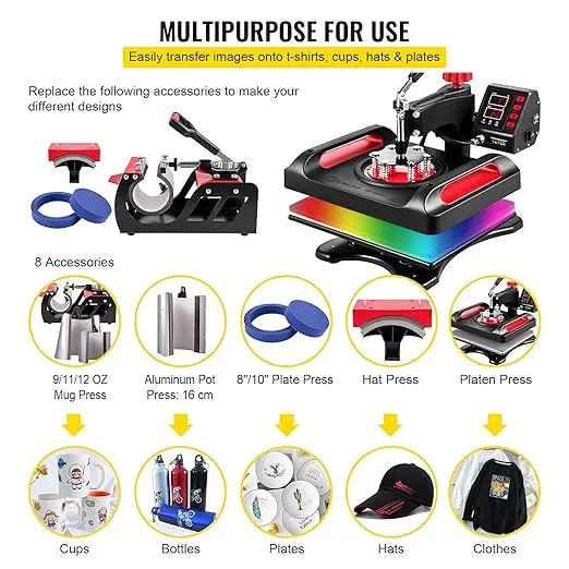 VEVOR Heat Press Machine 12 x 15 Inch 8 in 1 Heat Press Sublimation Machine 360° Rotation Swing Away 8 in 1 Shirt Printing Machine Dual-Tube Heating for DIY T-Shirts Cap & Mugs Red