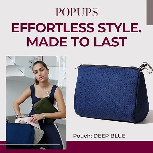 Large Makeup Bag with Zipper, Deep Blue - Waterproof Neoprene Cosmetic Bag 7.7 x 10.75 x 5 inches