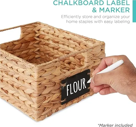 Best Choice Products Set of 4 9x12in Water Hyacinth Pantry Baskets, Woven Kitchen Organizers w/Chalkboard Label, Chalk Marker - Natural