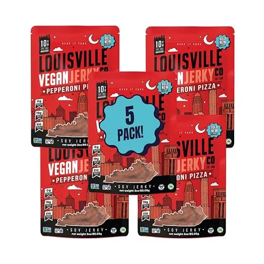 Louisville Vegan Jerky – Pepperoni Pizza Vegan and Vegetarian Friendly Meat - Lip-Smacking Jerky - Gluten-Free High Protein Vegan Snacks 19 grams of Non-GMO Soy Protein - 3 oz, 5 Pack