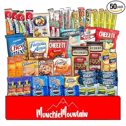 Munchie Mountain Ultimate 50-Count Snack Stock Pile and Care Package for College Students, Military Members, Friends, and Family