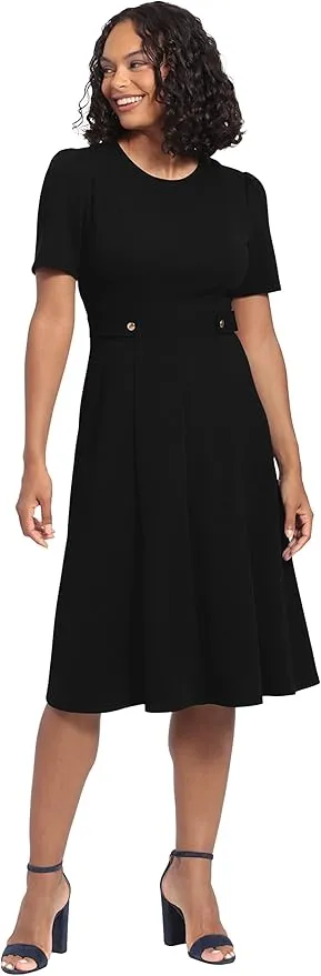 London Times Women's Short Sleeve Crepe Fit and Flare Midi with Waist Button Detail