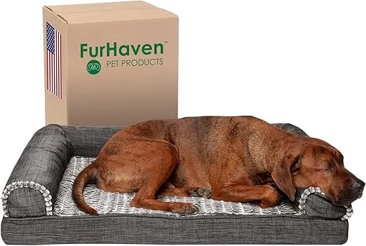 Furhaven Memory Foam Dog Bed for Large/Medium Dogs w/ Removable Bolsters & Washable Cover, For Dogs Up to 55 lbs - Luxe Faux Fur & Performance Linen Sofa - Charcoal, Large