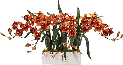 Nearly Natural Cymbidium Arrangement in White Vase Artificial Plant, Burgundy