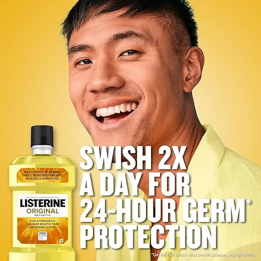 Listerine Original Antiseptic Oral Care Mouthwash to Kill 99.9% of Germs That Cause Bad Breath, Plaque and Gingivitis, ADA-Accepted Mouthwash, Original Flavored Oral Rinse, 1.5 L, Pack of 6