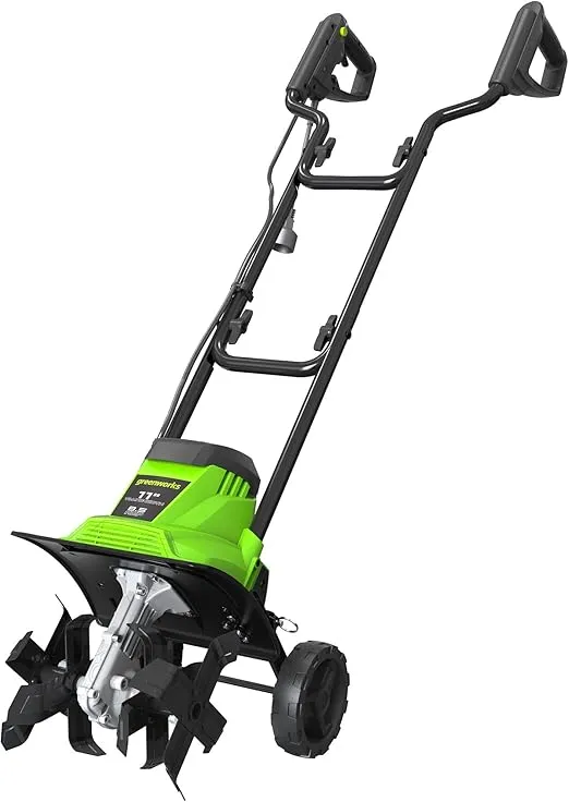 Greenworks 8.5 Amp Electric 11-Inch Tiller, Adjustable Width & Depth, Folding Handle, Green, 2802602LU