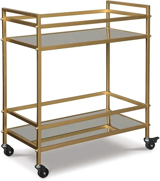 Signature Design by Ashley Kailman Modern Glam Mirrored Metal Bar Cart with Casters, 32", Gold Finish