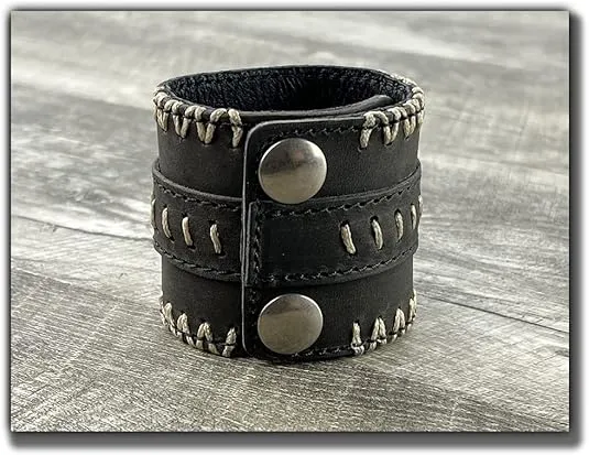 Leather Cuff Bracelet Full Grain Metal Rock Punk Biker Wide Wristband Adjustable For Men and Women