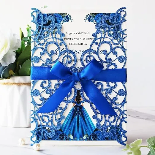Hosmsua 5.12 x 7.3'' 50PCS Laser Cut Wedding Invitation Cards with Bowknot and Envelopes Lace Rose invitation for Sweet 16 Bridal Shower Wedding Invite (Royal Blue Glitter)