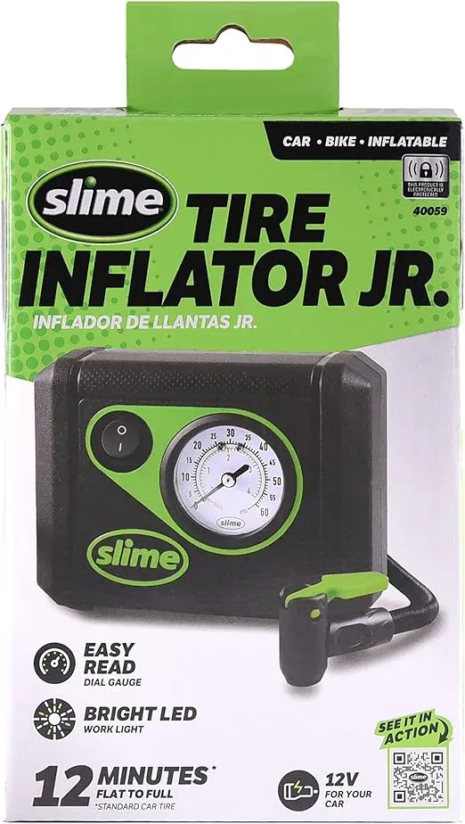 Slime 40059 Tire Inflator, Junior, Compact, Powerful, Portable Car Air Compressor, Lightweight, Analog, Flat Tire Repair, 12V, 12 min inflation