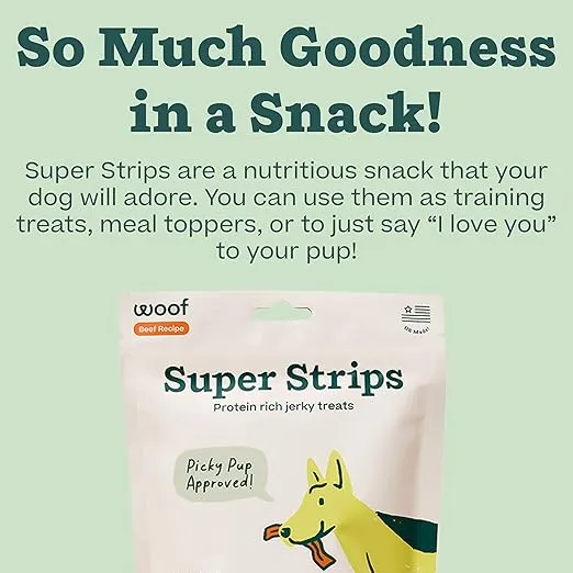 WOOF Super Strips, Protein-Rich Dog Treats, Beef Jerky for Dogs, Training Treats or Meal Booster, Made in The USA