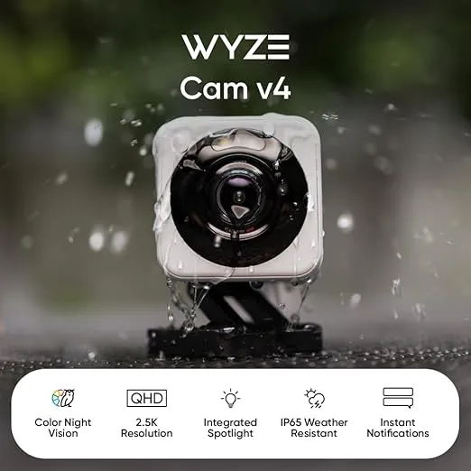 WYZE Cam v4, 2.5K HD WiFi Smart Home Security Camera, Indoor/Outdoor, Pet/Baby Monitor, Motion Activated Spotlight/Siren, Color Night Vision, 2-Way Audio, Works with Alexa & Google, Wired, White