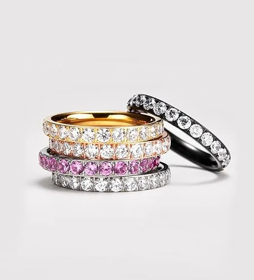 TIGRADE 3mm Women Titanium Engagement Ring Cubic Zirconia Eternity Wedding Band Size 3 to 13.5