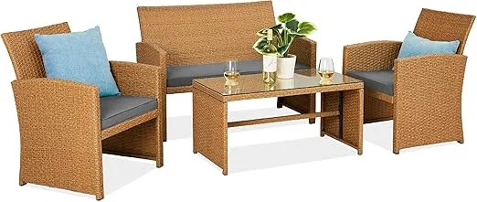 Best Choice Products 4-Piece Outdoor Wicker Patio Conversation Furniture Set for Backyard w/Coffee Table, Seat Cushions - Natural/Gray