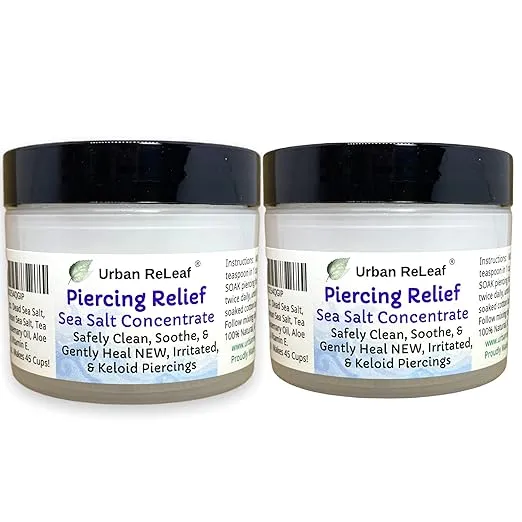 Urban ReLeaf SET of 2 Piercing Relief Sea Salt Concentrate. Aftercare Clean, Soak, Gently Calm New Fresh & Keloid Bump Piercings. Tea Tree, Non-iodized Sea Salt. Makes 90 cups!
