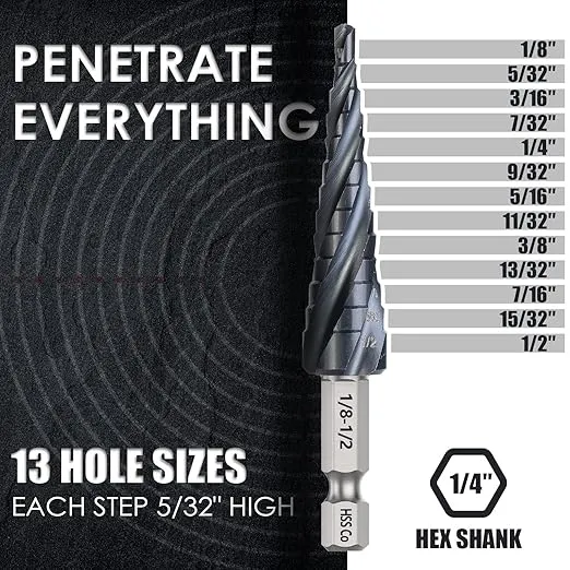 M35 Cobalt Step Drill Bit, Four Spiral Flute Unibit Step Drill Bit (1/8"-1/2") Wear-Resistant TiAlN Coated, 1/4" Hex Shank for Metal, Carbon Steel, Stainless Steel, Wood, Plastic (13 Size)