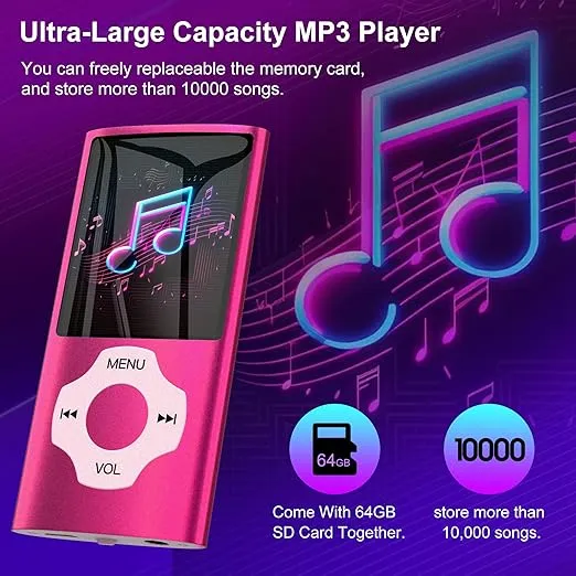 MYMAHDI 64GB MP3 Player with Bluetooth 5.2, LCD Screen Music Player Up to 128GB,MP3 Player for Kids with Music,Video,Voice Record,FM Radio,E-Book Reader,Photo Viewer,Pink