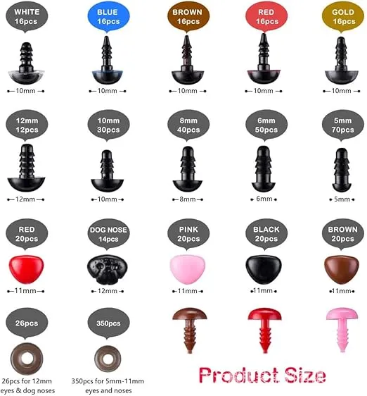 Plastic Safety Eyes and Noses with Washers, Qtopun 752 Pcs Colorful Craft Doll Eyes and Toy Animal Nose for Amigurumi, Crafts, Plush Animal, Teddy Bear, Crochet Toy and Stuffed Animals