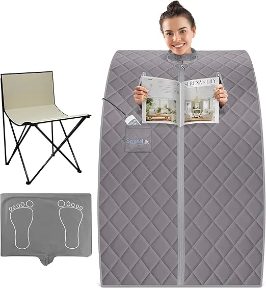 SereneLife Portable Sauna for Home, Infrared Sauna Tent with Heated Foot Pad and Folding Chair, Compact Personal Rejuvenation Sauna, Remote Control In-Home Spa, 38" x 32” - (Gray)