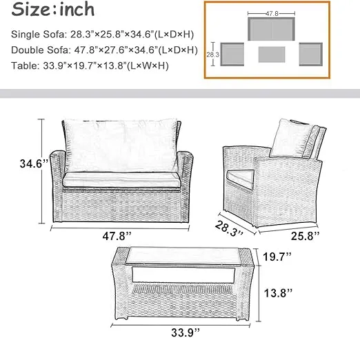 FDW 4 Pieces Outdoor Patio Furniture Sets Sectional Sofa Rattan Chair Wicker Conversation Set Outdoor Backyard Porch Poolside Balcony Garden Furniture with Coffee Table (Brown)