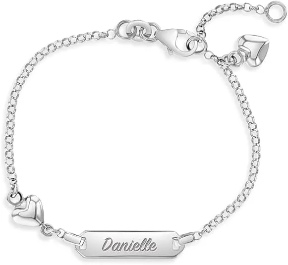 925 Sterling Silver Adjustable Heart Tag ID Bracelet for Toddlers & Young Girls - Engravable Name Bracelet for Children - Fun Personalize-able Bracelet for Kids