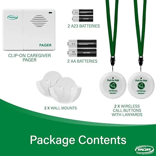 Smart Caregiver Two Call Buttons & Wireless Caregiver Pager for Fall Prevention and Elderly Assistance | Caregiver Call Button with Wearable Lanyard | Nurse Call Alert System with Up to 300' Range