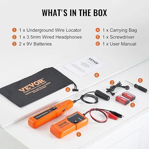 VEVOR Underground Cable Locator, 3 FT Max. Detection Depth, Wire Tracer Break Detector Finder with Earphone, 1000 FT Max.Detection Length Cable Tester for Pet Fence Buried Sprinkler Valve Irrigation