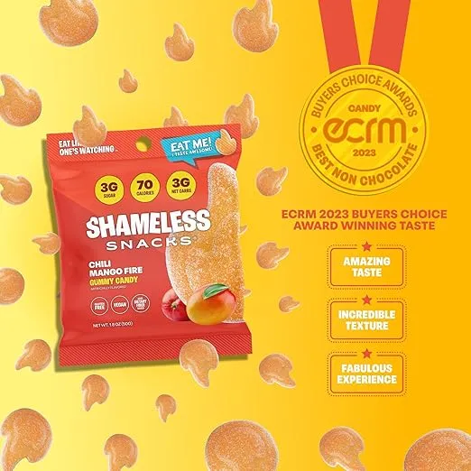 Shameless Snacks - Healthy Low Calorie Snacks, Low Carb Keto Gummies (Gluten Free Candy) - 6 Pack Chili Mango Fire