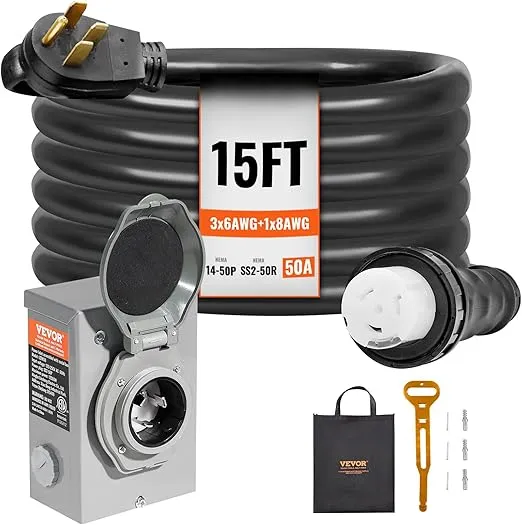 VEVOR 50 Amp Generator Cord and Power Inlet Box Kit, 15FT Generator Extension Cord NEMA 14-50P/SS2-50R STW 6/3+8/1 AWG with Twist Lock Connector, Pre-Drilled Inlet Box, ETL Listed