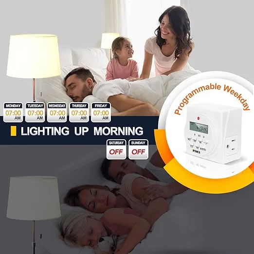 iPower 7 Day Heavy Duty Digital Programmable Electric Timer, Indoor Dual Outlet Switch for Lights, Appliance, Pool Pump, 125VAC, 15A, 60 Hz, 1725W, White, 1 Pack