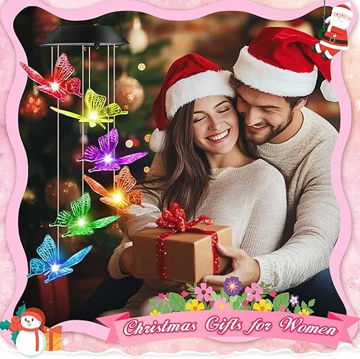 Thanksgiving Decorations Christmas Solar Lights Outdoor Gifts for Women Mom Grandma Wife, Winzwon Butterfly Solar Wind Chimes for Outside Decor Hanging for Garden Patio Yard Porch Mothers Day