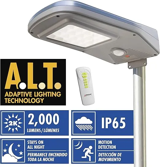 Wagan EL8590 2000 Lumens Integrated LED Solar Street Light with Remote Control Security Flood Light Motion Sensor Waterproof Weatherproof Dusk to Dawn Solar Lamp for Outdoor Garden Path Parking Lot
