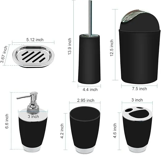 Bathroom Accessories Set, 6-Piece Plastic Gift Set, Toothbrush Holder, Toothbrush Cup, Soap Dispenser, Soap Dish, Toilet Brush Holder, Trash Can (Black)