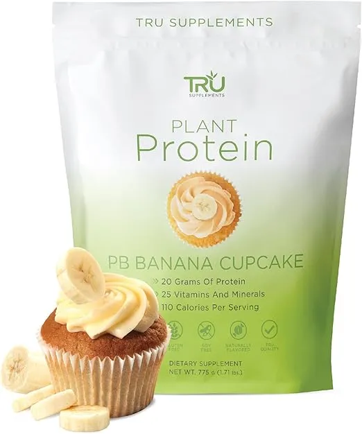 TRU Plant Based Protein Powder, BCAA, EAA, 20g Vegan Protein, 100 Calories, 27 Vitamins, No Artificial Flavors 25 Servings (Peanut Butter Banana Cupcake)