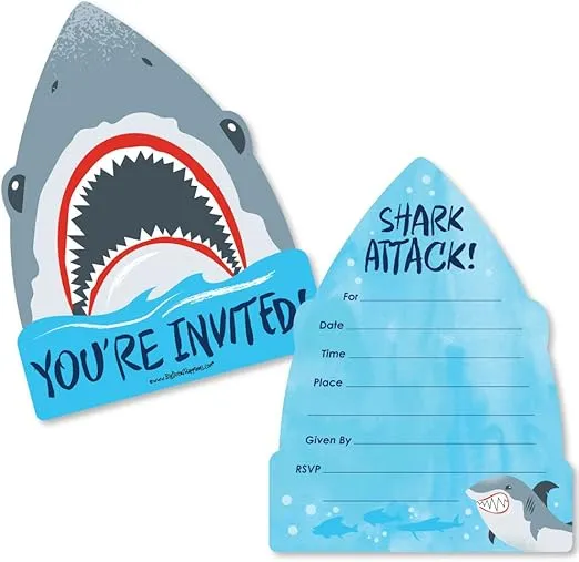 Big Dot of Happiness Shark Zone - Shaped Fill-In Invitations - Jawsome Shark Party or Birthday Party Invitation Cards with Envelopes - Set of 12