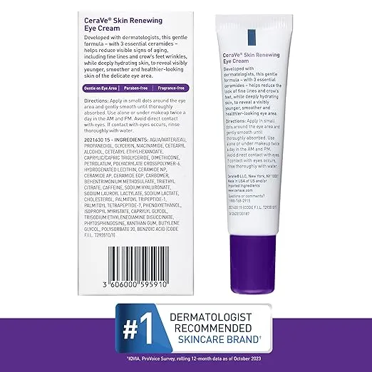 CeraVe Skin Renewing Eye Cream For Wrinkles | Under Eye Cream With Peptides + Caffeine + Niacinamide | Anti Aging Eye Cream For Wrinkles & Crows Feet | Paraben Free & Opthalmologist Tested