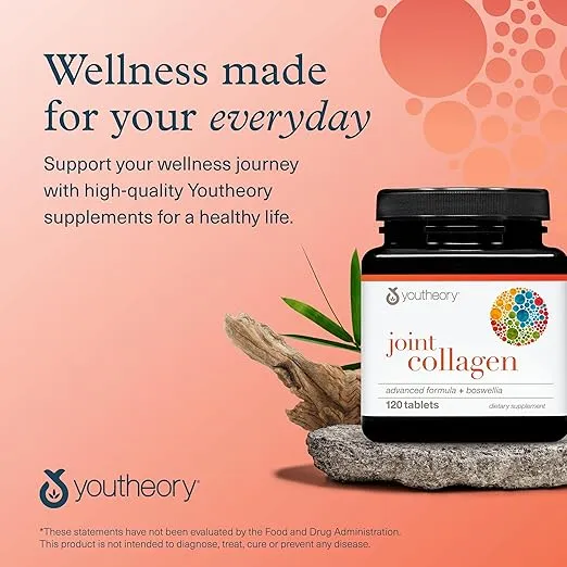 Youtheory Joint Collagen Advanced - Collagen Supplement - Joint Support & Health - Collagen for Bones and Joints for Women & Men - with Boswellia Extract, Turmeric & Quercetin - 120 Tablets