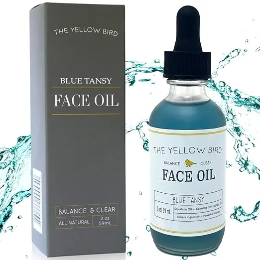The Yellow Bird Balancing Blue Tansy Face Oil – Skin Glowing Serum. Collagen Support. Promotes Clear Skin Naturally. Wrinkle & Pore Minimizer. Natural, Vegan Facial Moisturizer.