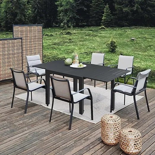 Domi Patio Dining Expandable Table, Metal Aluminum Outdoor Table for 4-6 Person Rectangular Table for Garden Lawn Porch Bistro